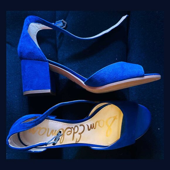 Royal Blue Sam Edelman Susie Block Heel Sandals Sz. 8. Blue Suede Shoes! - Picture 1 of 5